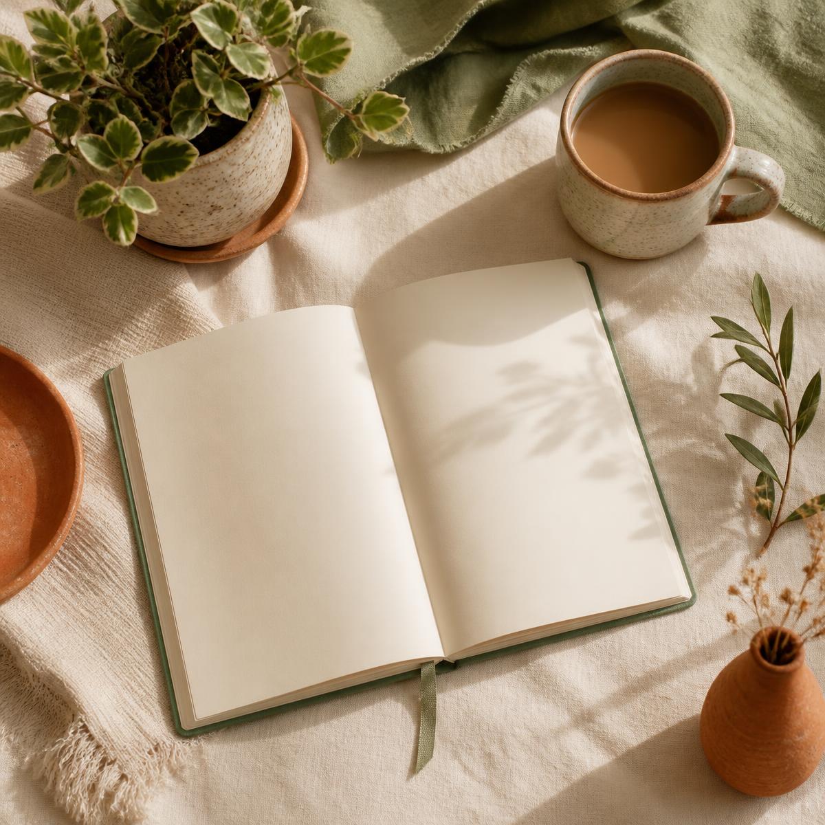 Open journal, ceramic mug and plants on a linen tablecloth