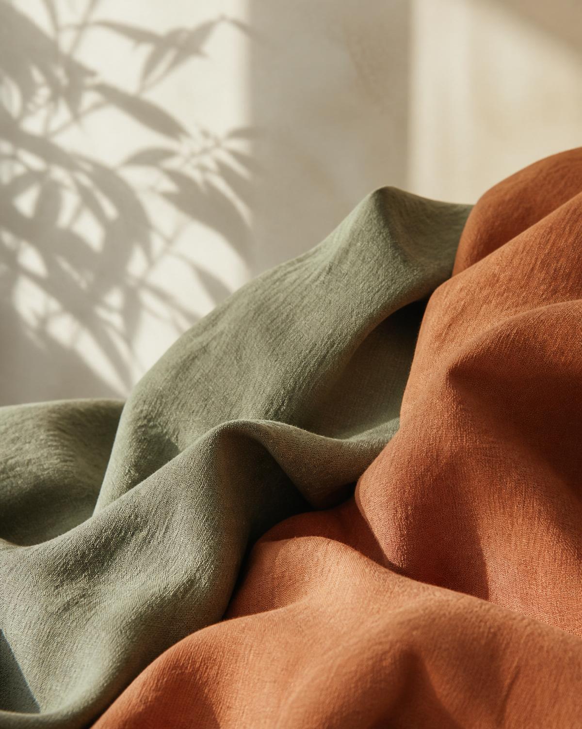 Warm sage and terracotta linen textures in natural light
